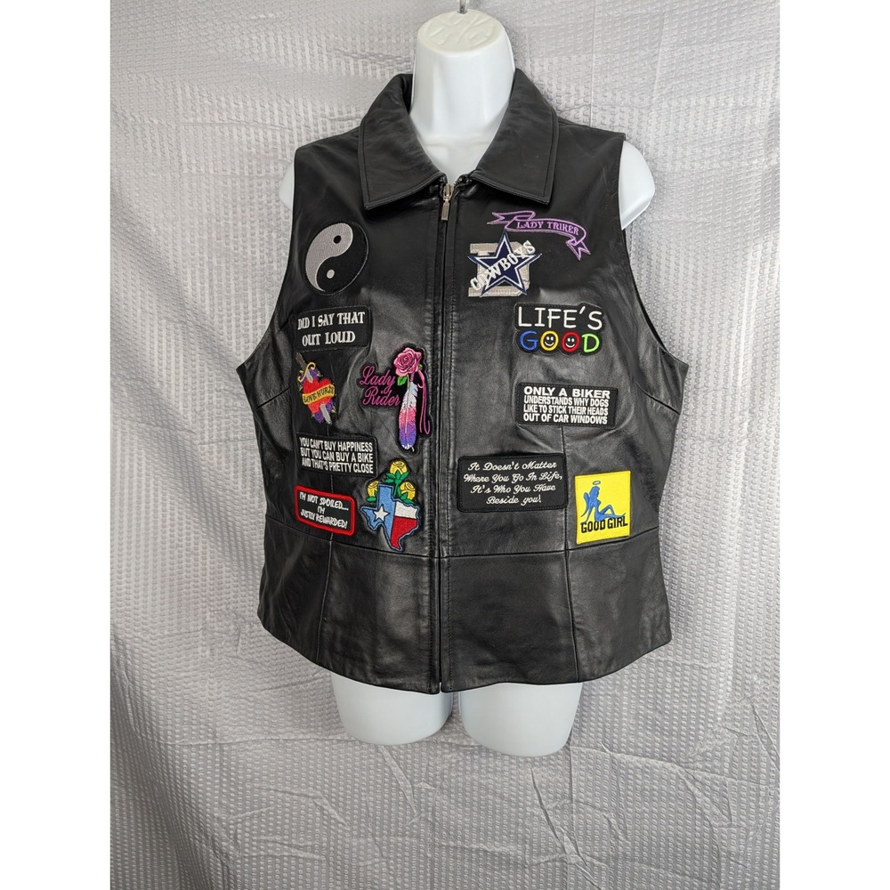 Black Leather Biker Vest Womens XL Motorcycle‎ Vest Patches Texas Dallas Cowboys